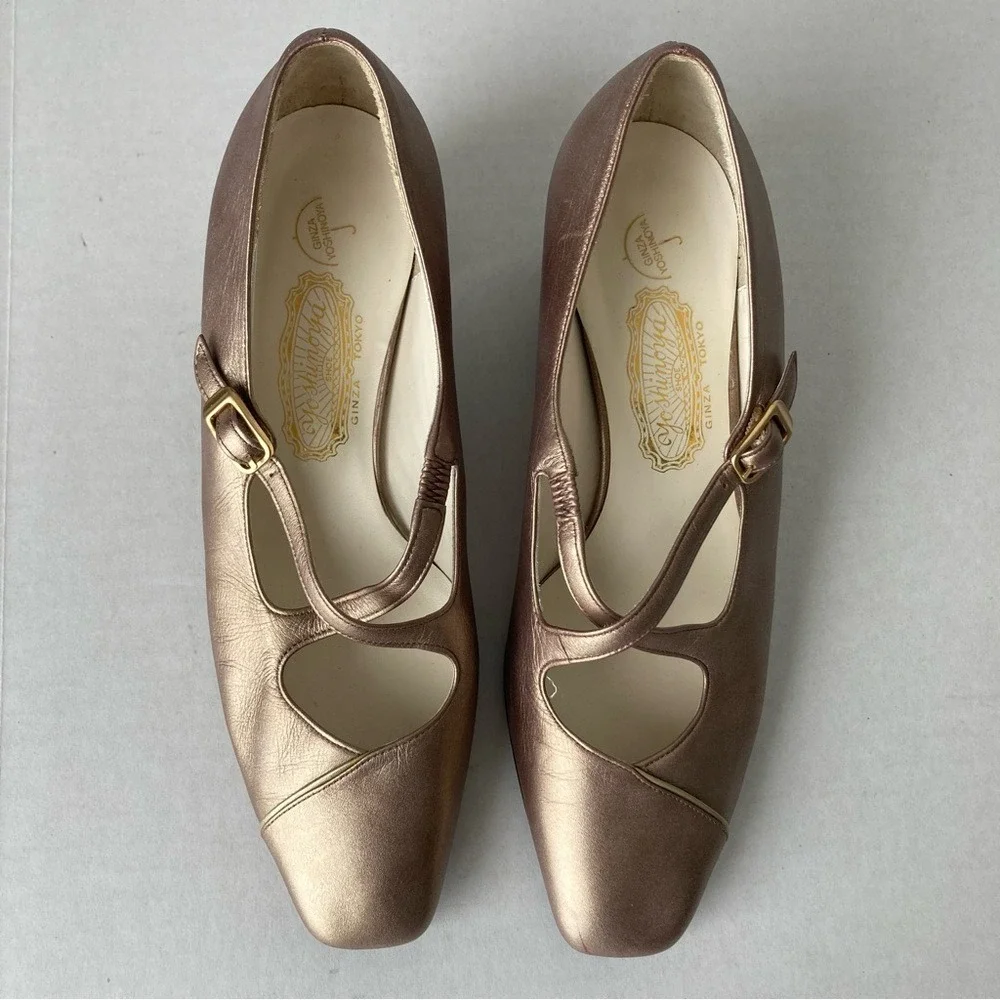 Yoshinoya Ginza‎ Tokyo Rose Gold Metallic Leather Mary Jane Block Heels Japan 22